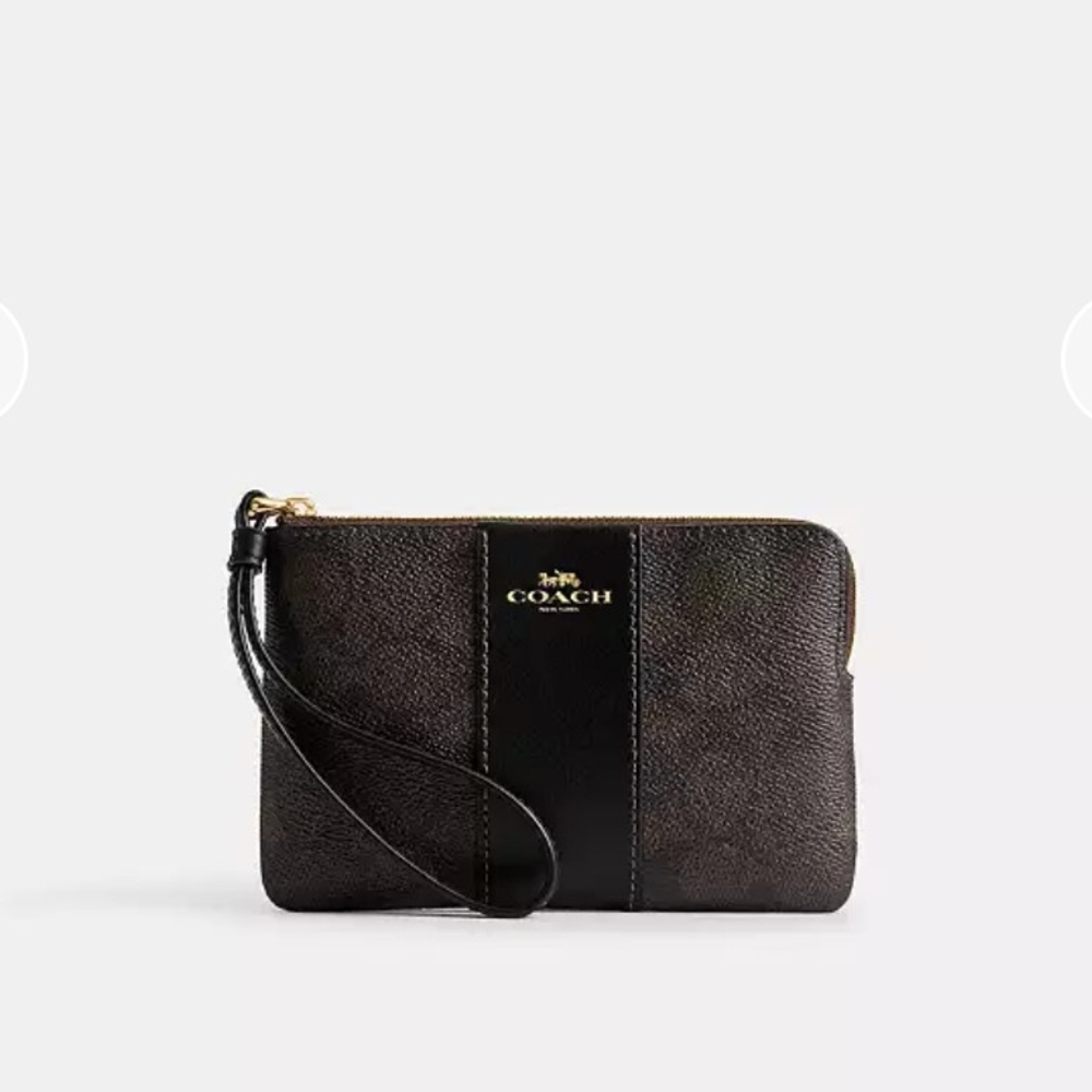 Coach Dark Brown and Black Corner Zip Wristlet In Signature Canvas Stripe